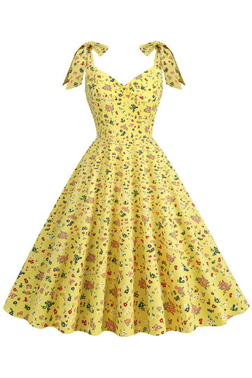 Amarillo estampado sin mangas correas vestido vintage